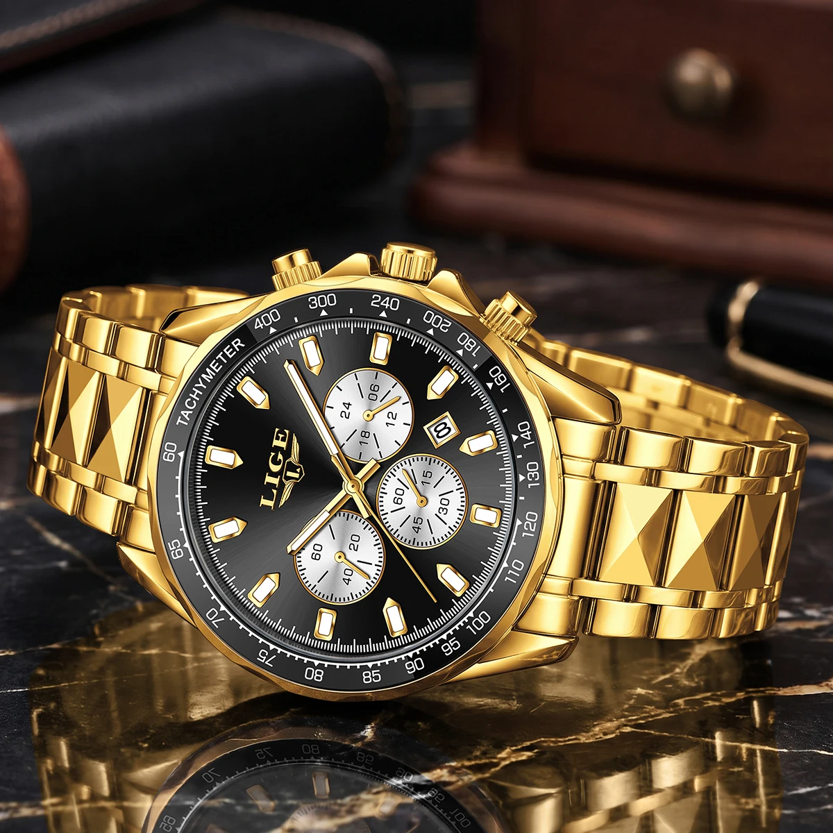 LIGE Fashion Golden Man Wristwatch Waterproof Stainless Steel Luminous Quartz Men's Watches Chronograph Date Sports Man Watch