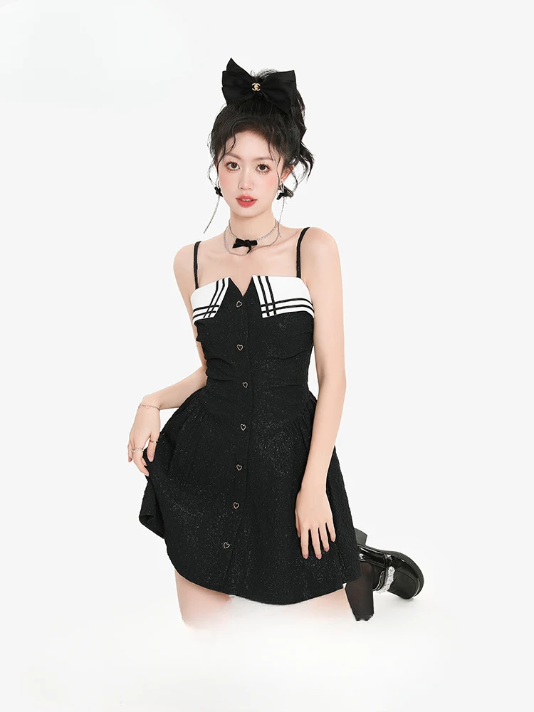 Women's DressBlack Stitching Fashionable Retro French Lapel Straps Sleeveless Short Sweet Jacquard Spring and Summer Waist-Tight