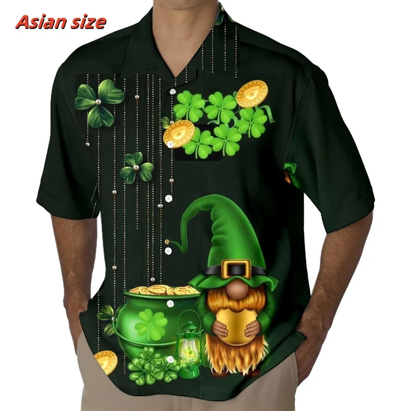 Clover Green Hat Pattern Hawaiian Shirt For Men St. Patrick's Day 3D Printed Short Sleeves Casual Lapel Aloha Shirts Blouses