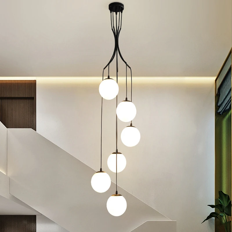 

Nordic Stairwell Chandelier Lamps Milky White Glass Ball Sconces Restaurant Staircase Villa Loft Long Ceiling Hanging Light E27