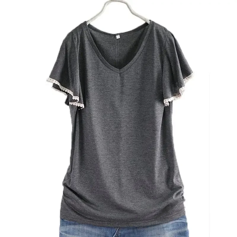 

Летняя футболка с короткими рукавами из 100% хлопка, женская футболка с v-образным вырезом средней длины, свободная футболка с рюшами и рукавами, универсальные топы, женские тренды 2023 года, новинка