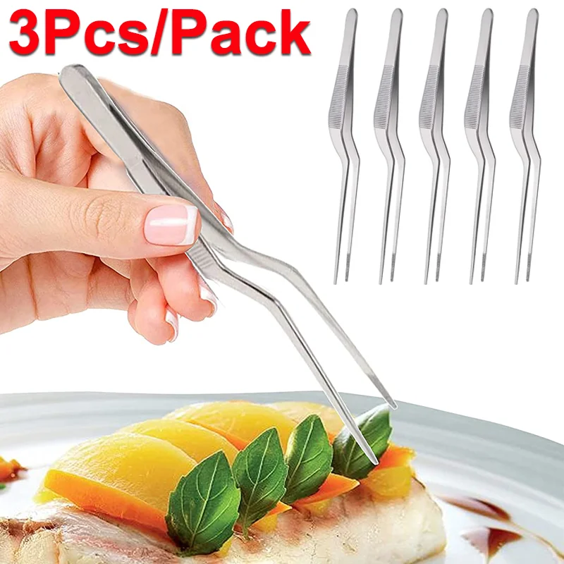 3PCS Kitchen Tweezer BBQ Food Tweezer Clip Mini Chief Tongs Stainless Steel Portable for Picnic Meat Barbecue Cooking Tool