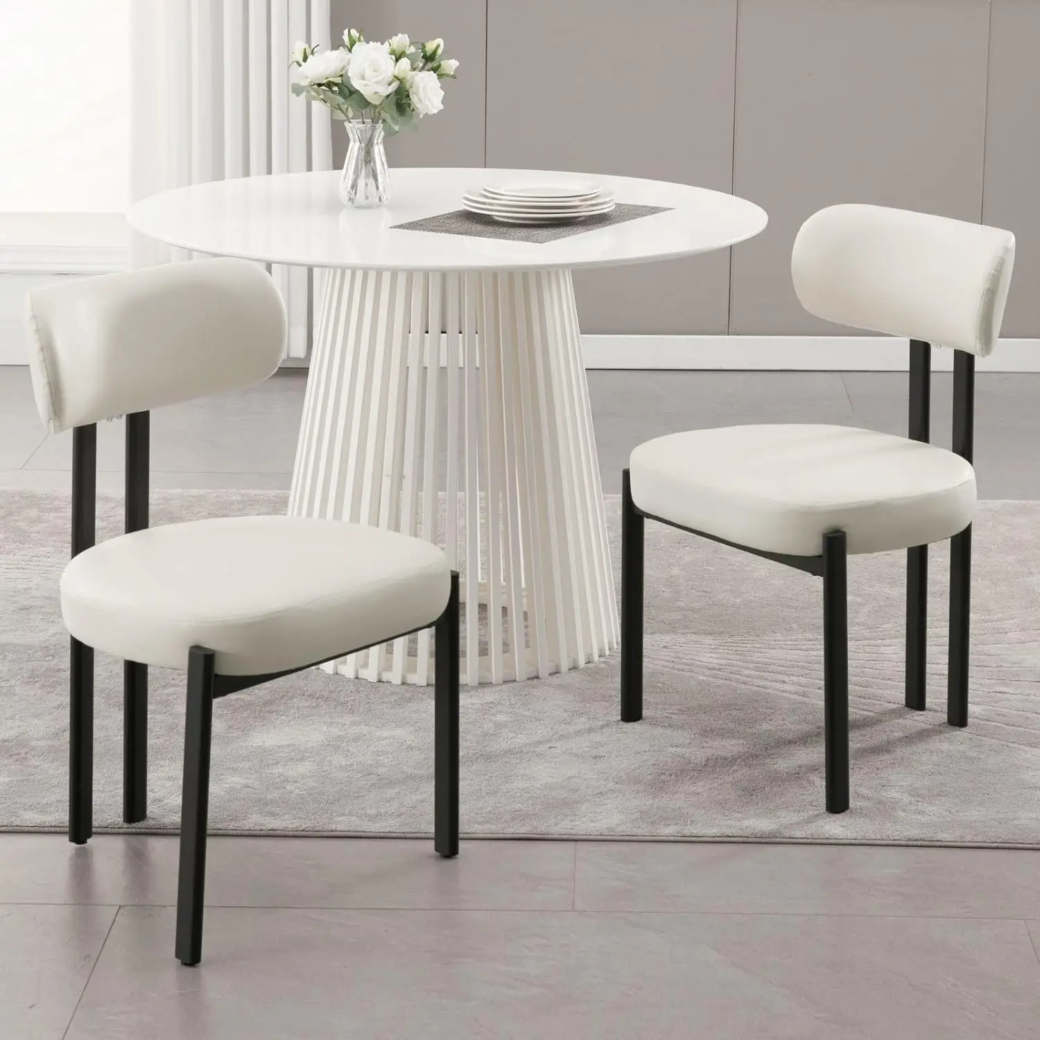 

Faux Leather Dining Chairs Set of 2, Modern White Upholstered Kitchen Chairs with Black Metal Legs