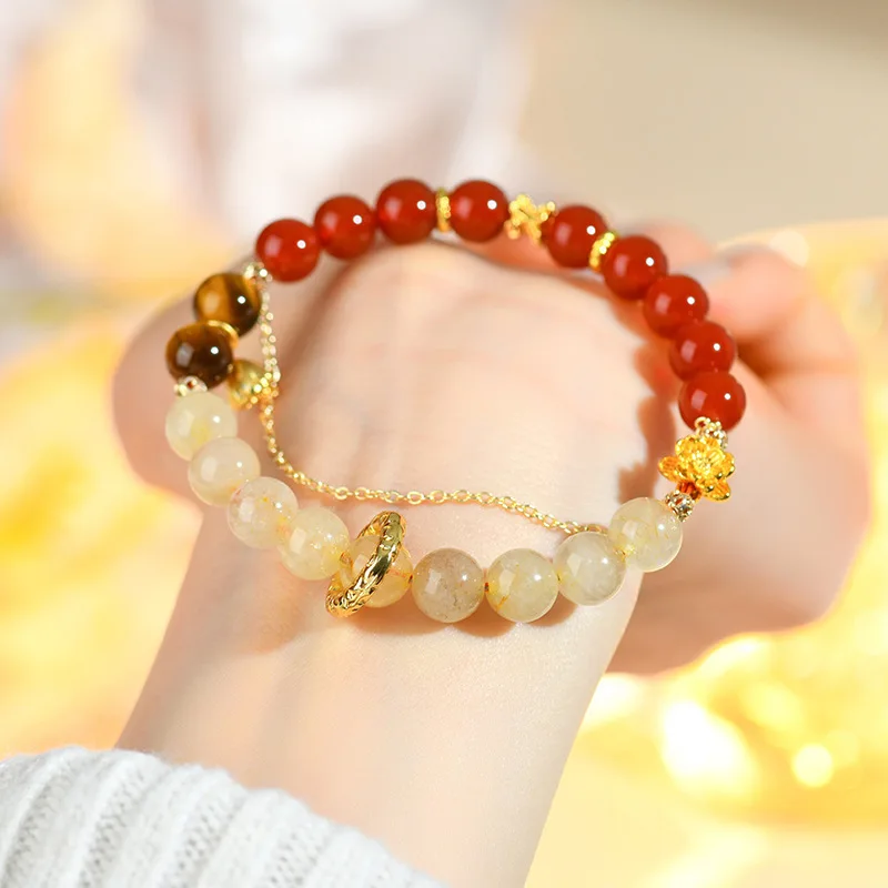 

Natural Red Agate Blonde Yellow Tiger Eye Stone Fashion Women s Crystal Bracelet Lucky Hand String