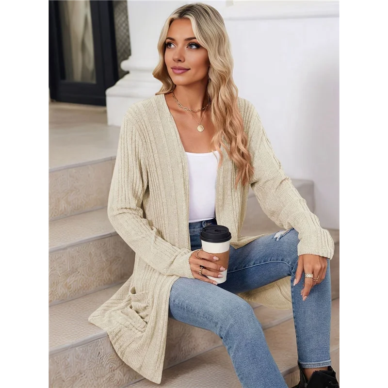 

Women's Long Sleeve Cardigan Solid Color Ribbed Brushed Cardigan Open Front With Pockets
