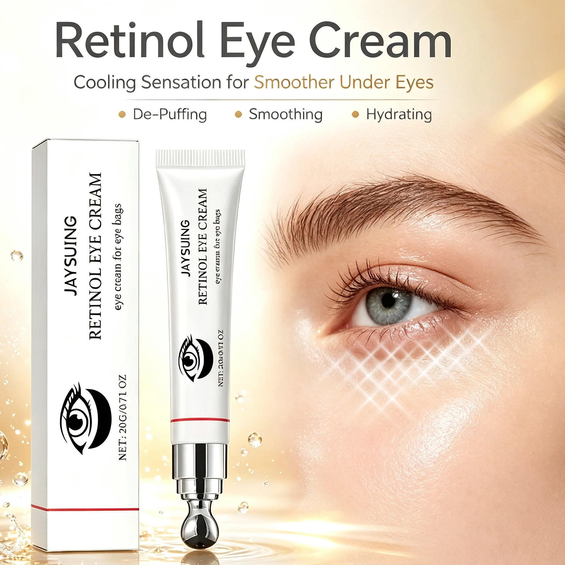 Retinol eye cream,Cool Feel,Immediate De Puffing,Retinol Enhanced Collagen Production,Firming&Anti Sagging,Dark Circle Targeting,Hyaluronic Acid Intensively Moisturizes,pH Buffer Balance&Scientific Synergistic Low Irritation,Silky&Easily Spreads