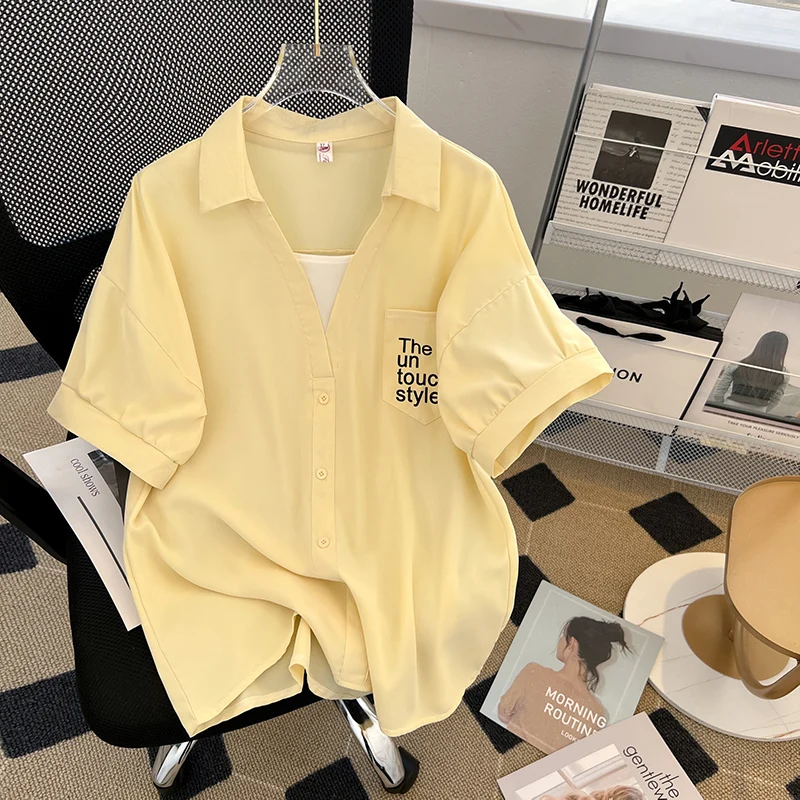 

Summer Large Size Women's Shirt Stylish Fake Two-Piece Loose Belly Cover Slimming Trendy Top Korean Style Casual Pear Shape
