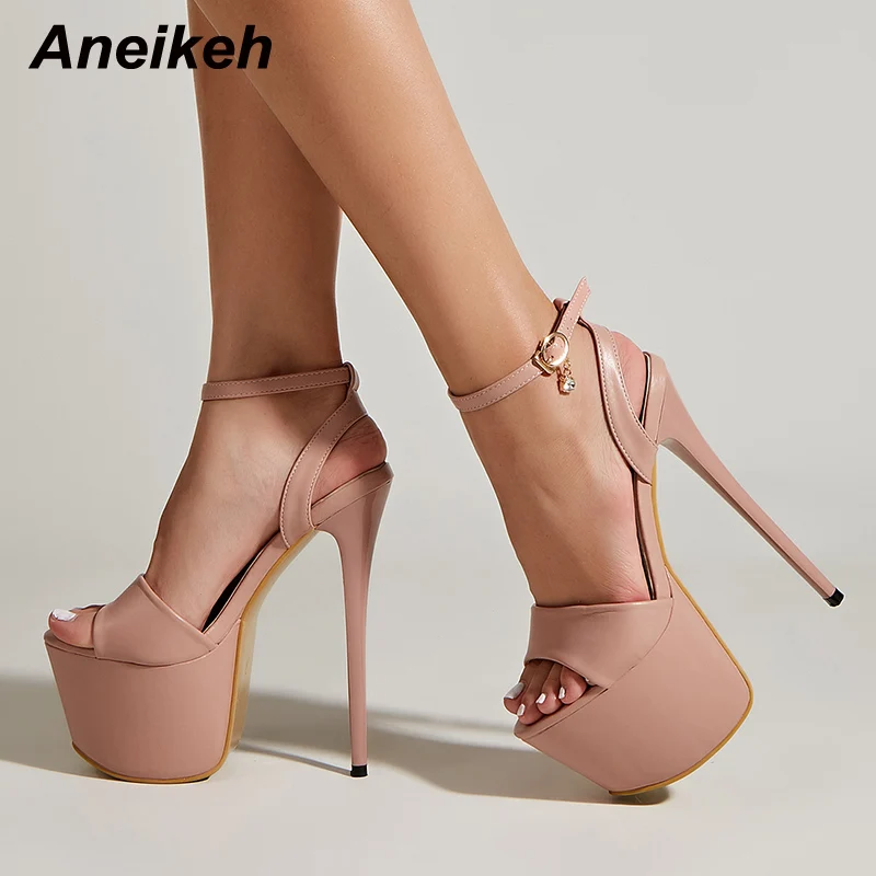 Aneikeh Sexy Super Thin High Heel Women Summer Sandals Open Toe Ankle Buckle Strap Crystal Decoration Platform Night-Club Shoes