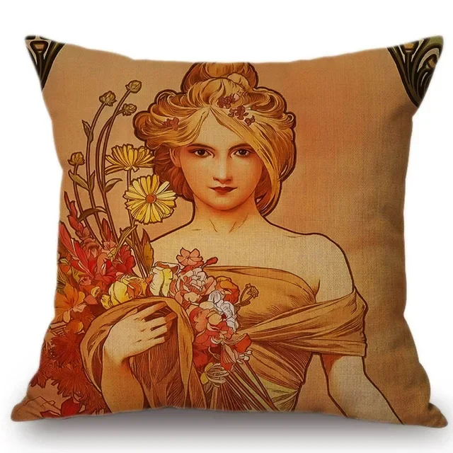 Vintage European Cushion Cover Art Nouveau Mucha Gallery Cushion Case Home Decorative Beautiful Girl Pattern Linen Pillowcase