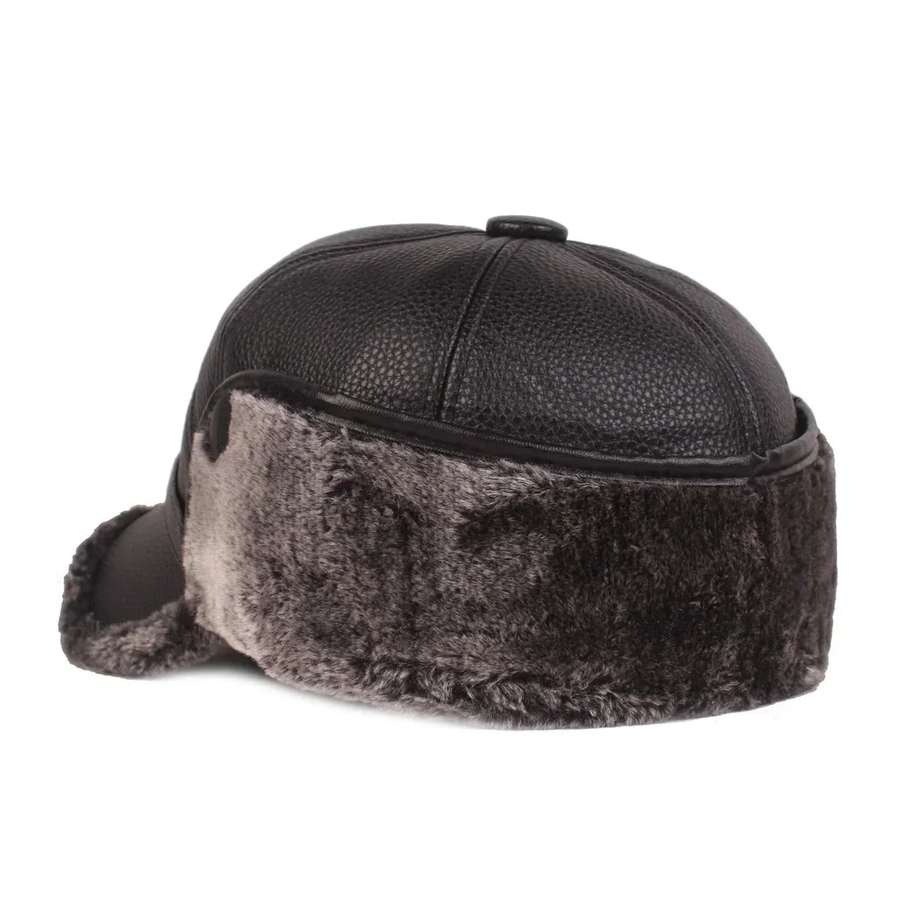 2024 New Winter Mens Leather Cap Warm Baseball Cap with Ear Flaps Thick Fur Caps for Winter Bomber Hats