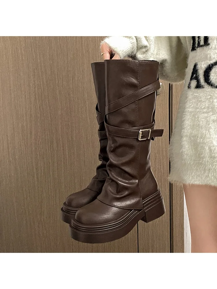 Vintage talon épais femmes chevalier bottes longues mode sans lacet genou chaussons hauts automne hiver chaussures Zapatos De Mujer