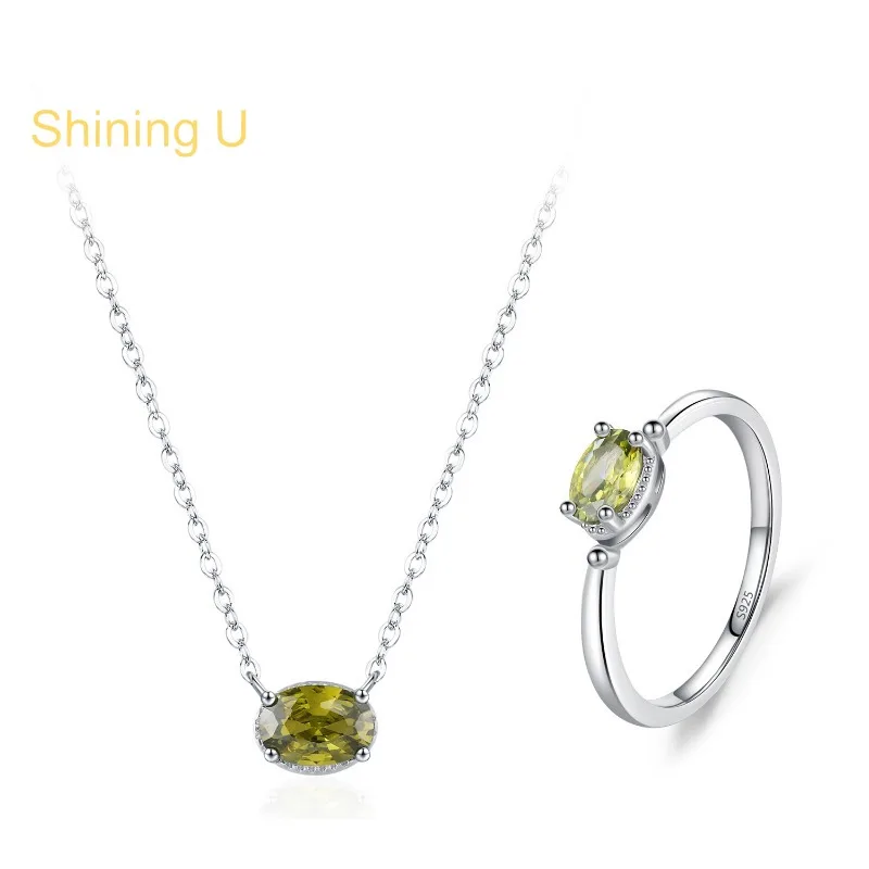 

Shining U 925 Sterling Silver Olive Green Oval Gems Jewelry Set Necklace Ring for Women Fine Jewelry Anniversary Spring