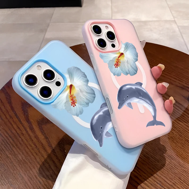 マグネット式の美しいデザイン、新鮮な白い花と可愛い青いイルカをあしらったiPhone16/15/14/13/12/11 PROMAX用スマホケース/カバー