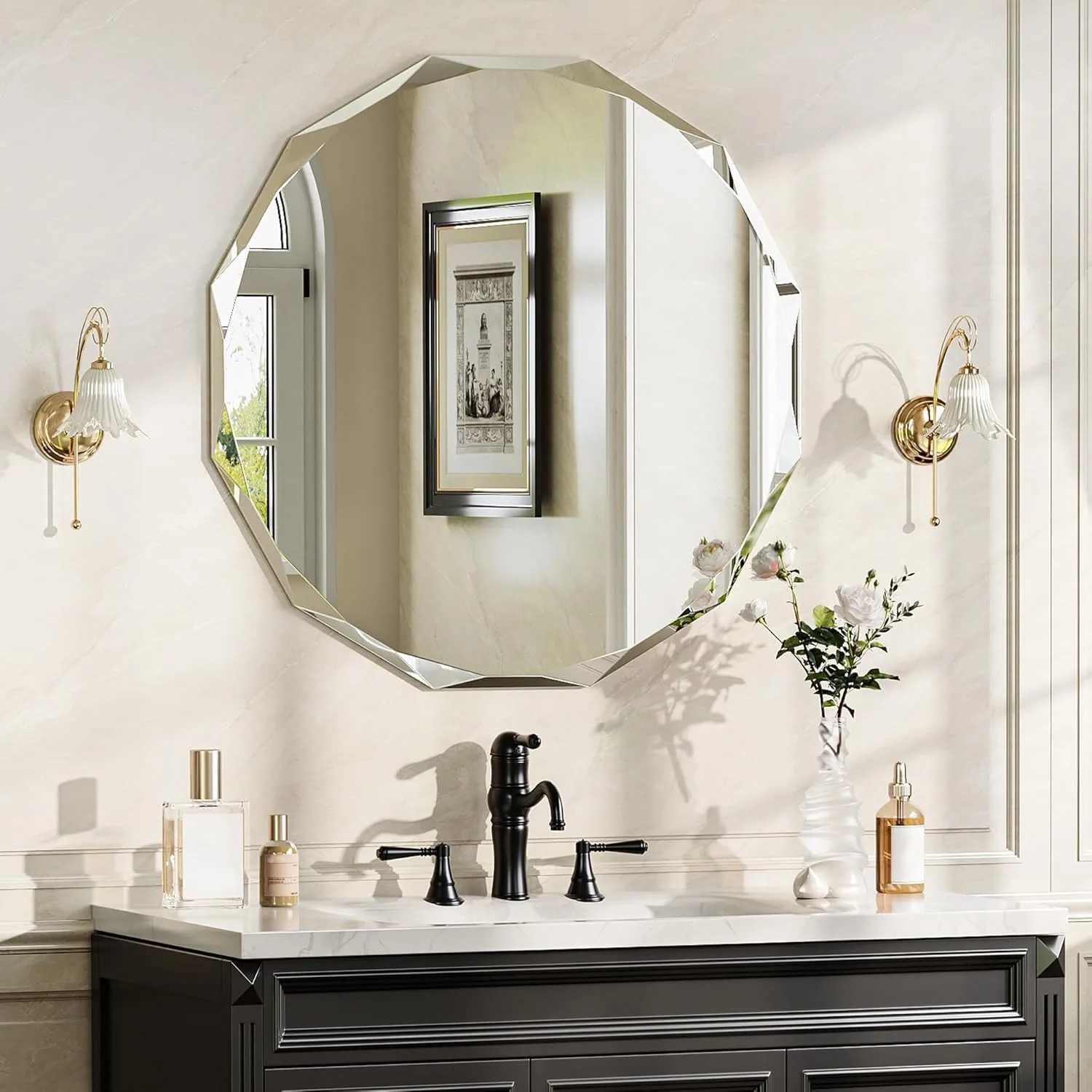 

30" Frameless Round Bathroom Mirror - Faceted Beveled Vanity Mirror for Sink