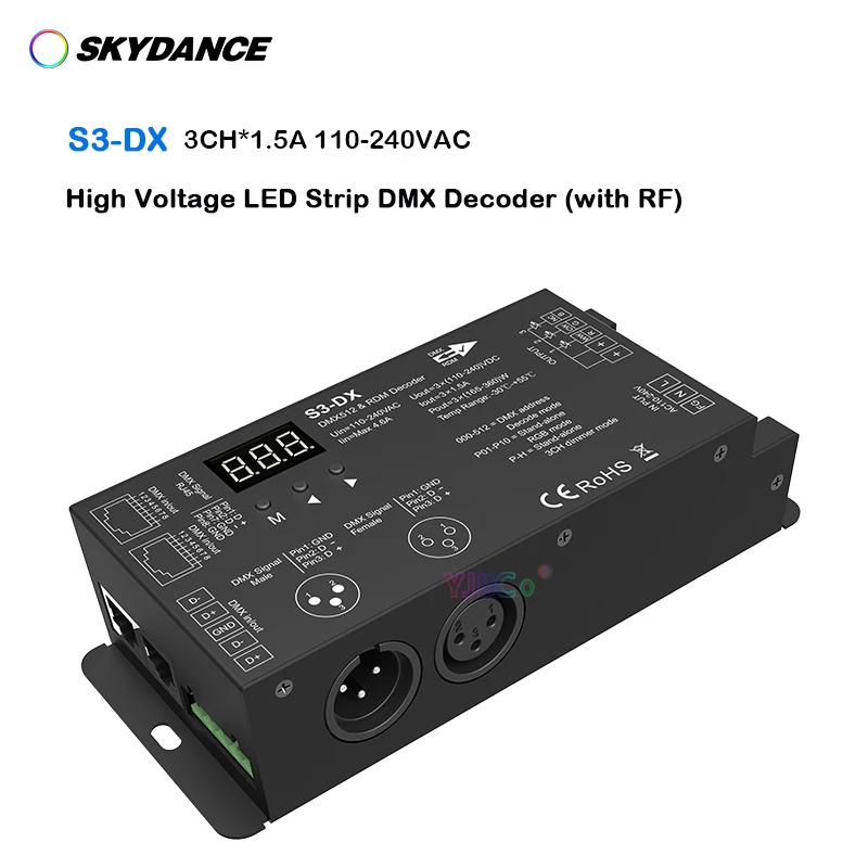 Skydance 110V-220V AC RGB LED Strip light High Voltage DMX Decoder 3CH*1.5A 4 PWM DMX signal controller 2.4G RF remote control.