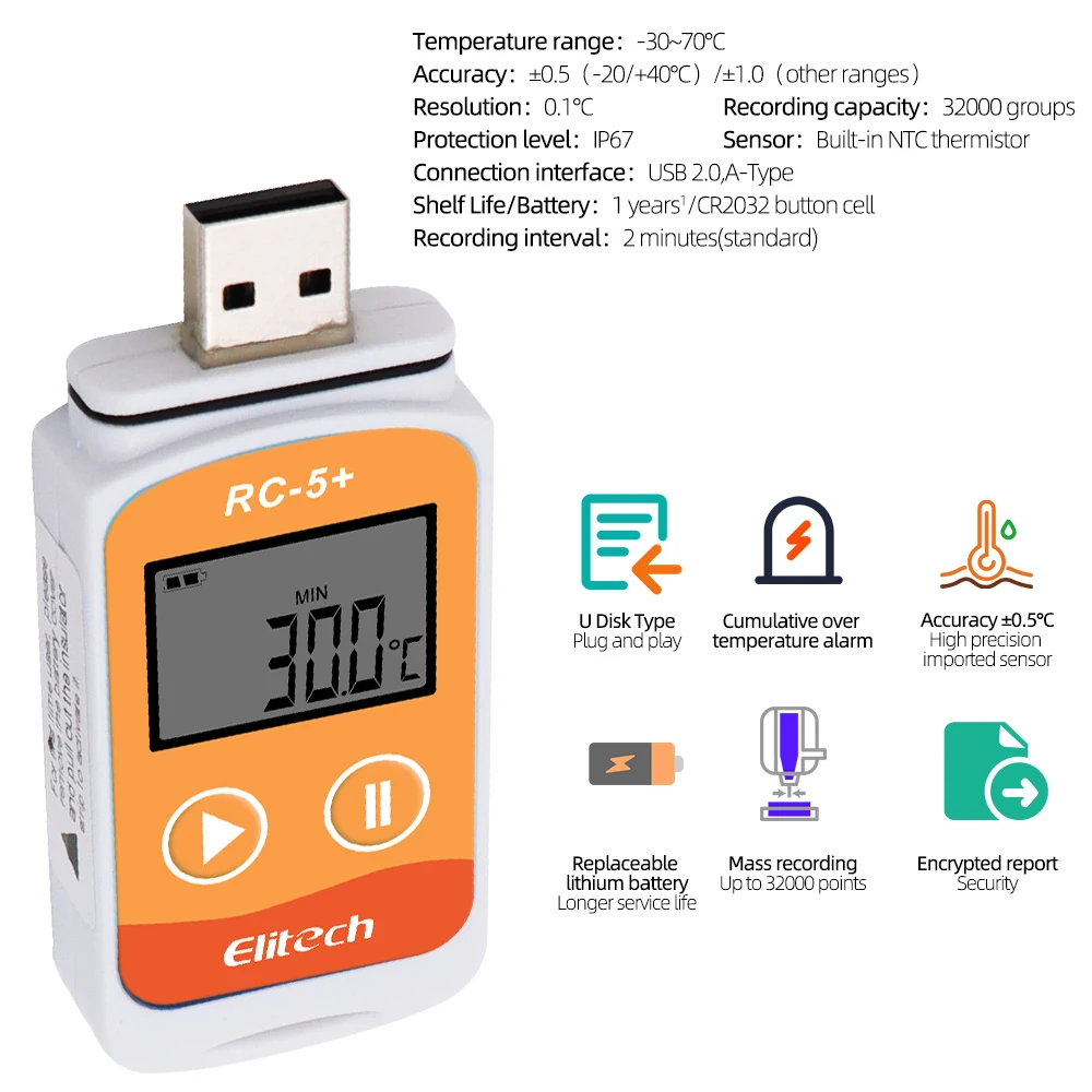 Elitech RC-5 + USB Data Logger Recorder PDF suhu dapat digunakan kembali Data Logger Upgrade untuk pendingin dingin rantai transportasi Labs