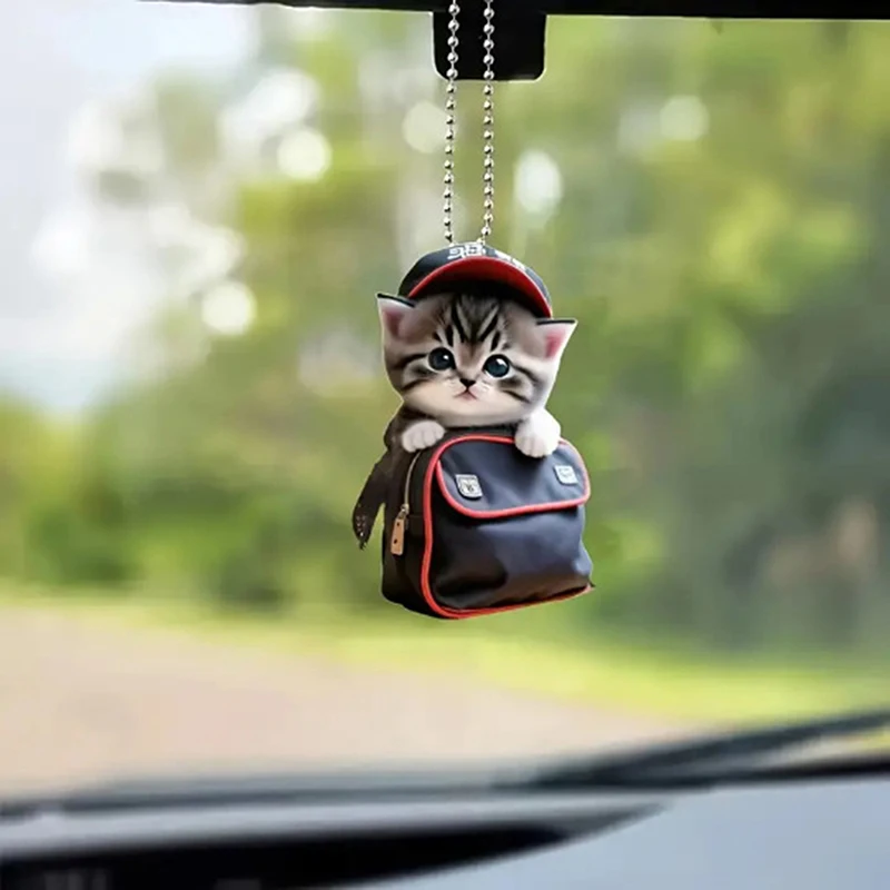 Car Hanging Pendant Rearview Mirror Decoration Backpack Cat-Shaped 2D Acrylic Hanging Ornament Car Interior Decor Handmade Craft