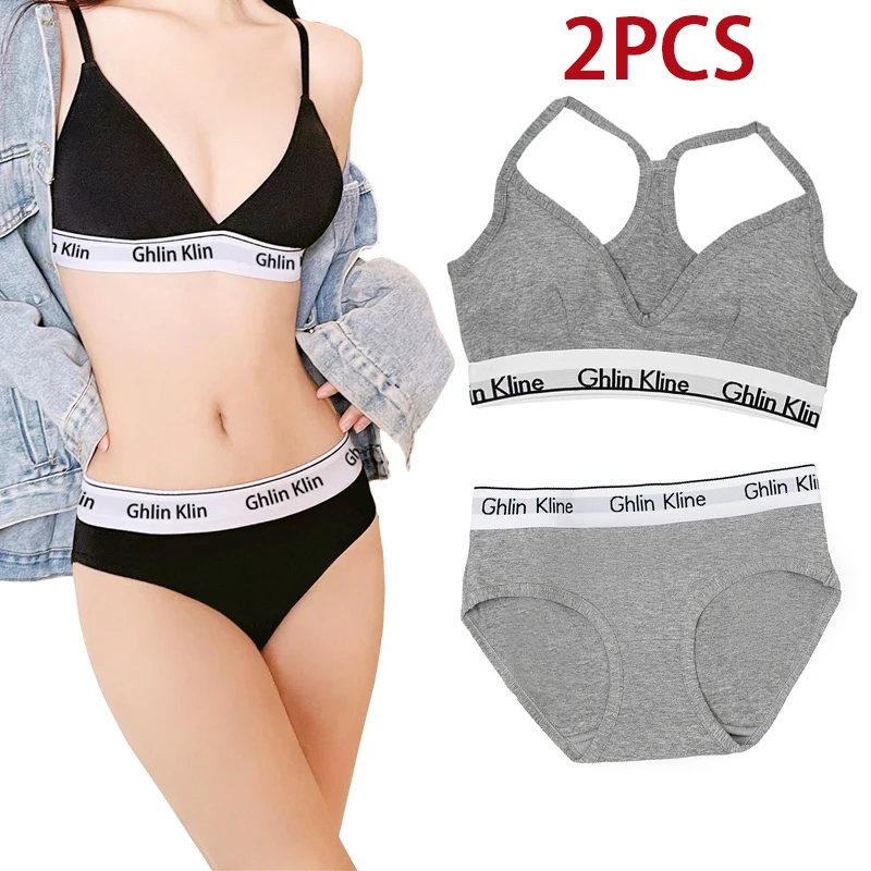 Conjunto de ropa interior de algodón puro para mujer, sujetador con almohadilla de esponja, chaleco deportivo y bragas, Kits de calzoncillos