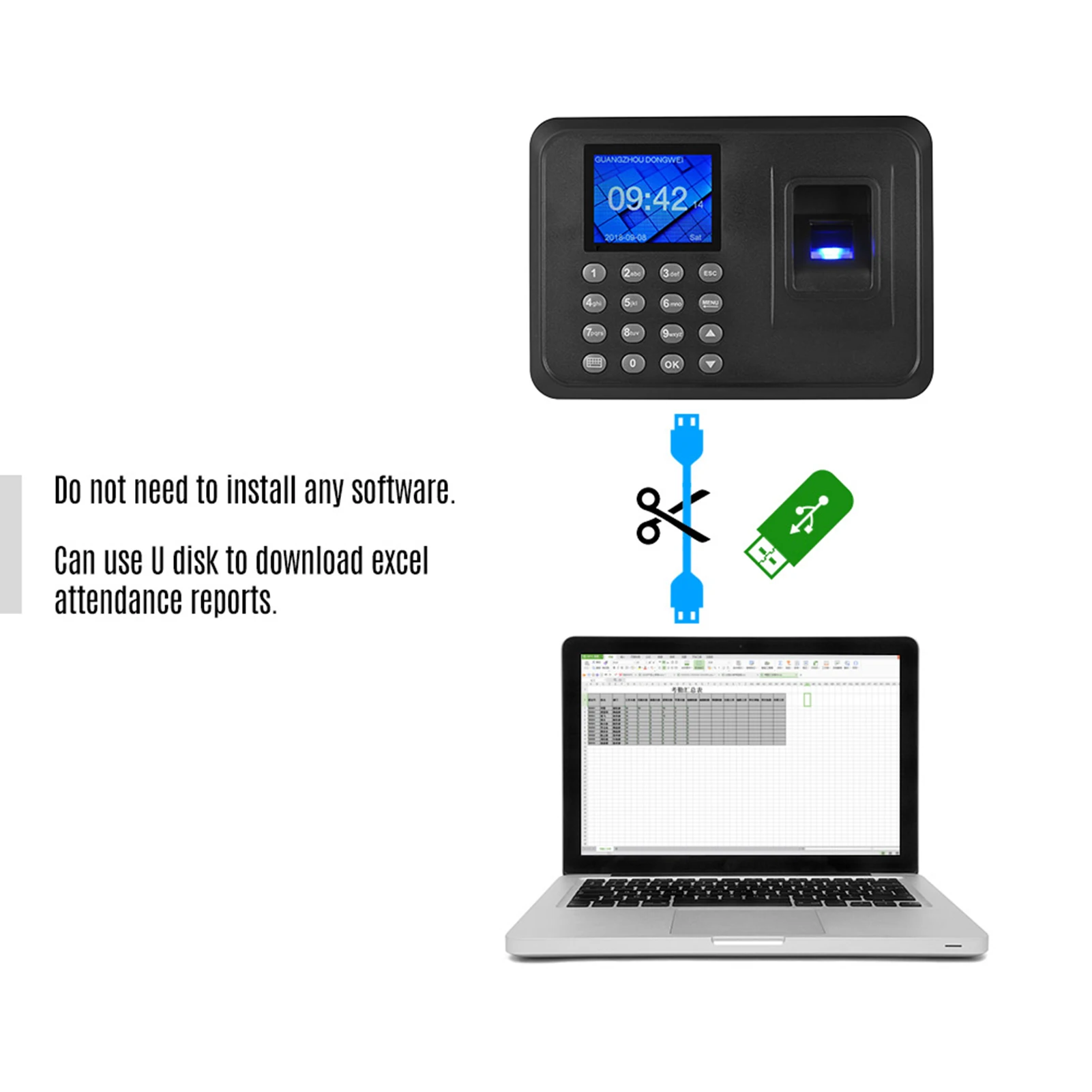 เครื่องสแกนลายนิ้วมือหลายภาษา2.4in หน้าจอ LCD พนักงานเช็คอินข้อมูลส่งออกข้อมูล