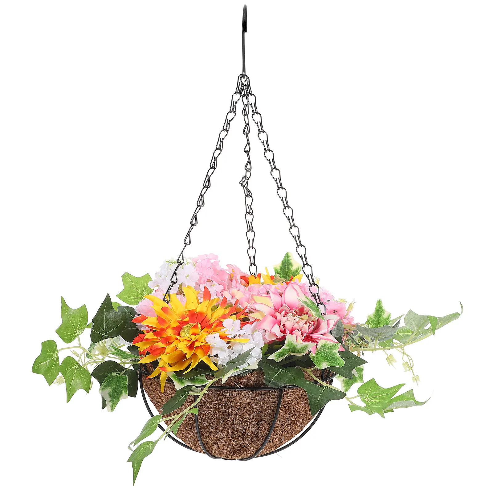 Artificial Flower in Coconut Lining Hanging Basket Decor Lifelike Exquisite Wall Hanging Home Office Garden Decoration Floral