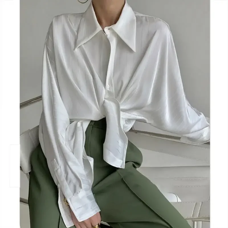 

QWEEK Office Elegant White Women's Shirt Korean Style Oversized Minimalist Old Money Striped Blouse Long Sleeve Button Autumn