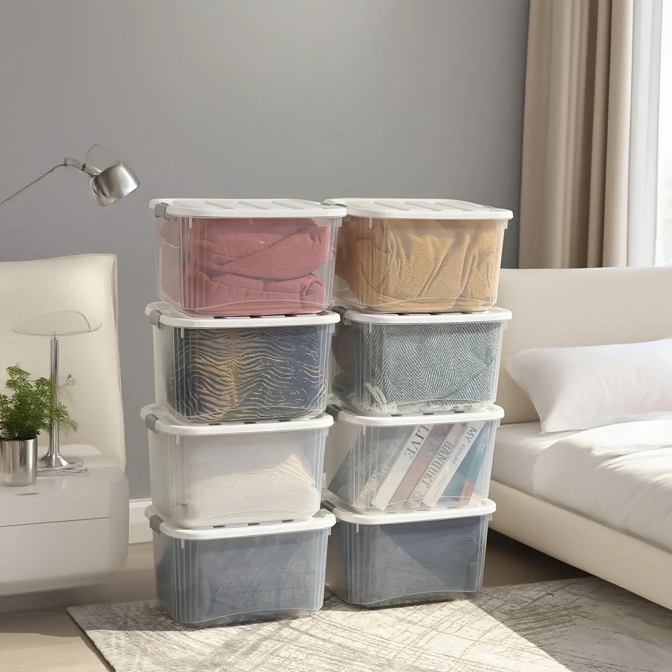 

4 Pack/8 Pack Stackable Plastic Storage Bins with Lid Multi-Use Organizer Box with Safety Lock, Ideal for Home Organization, Off