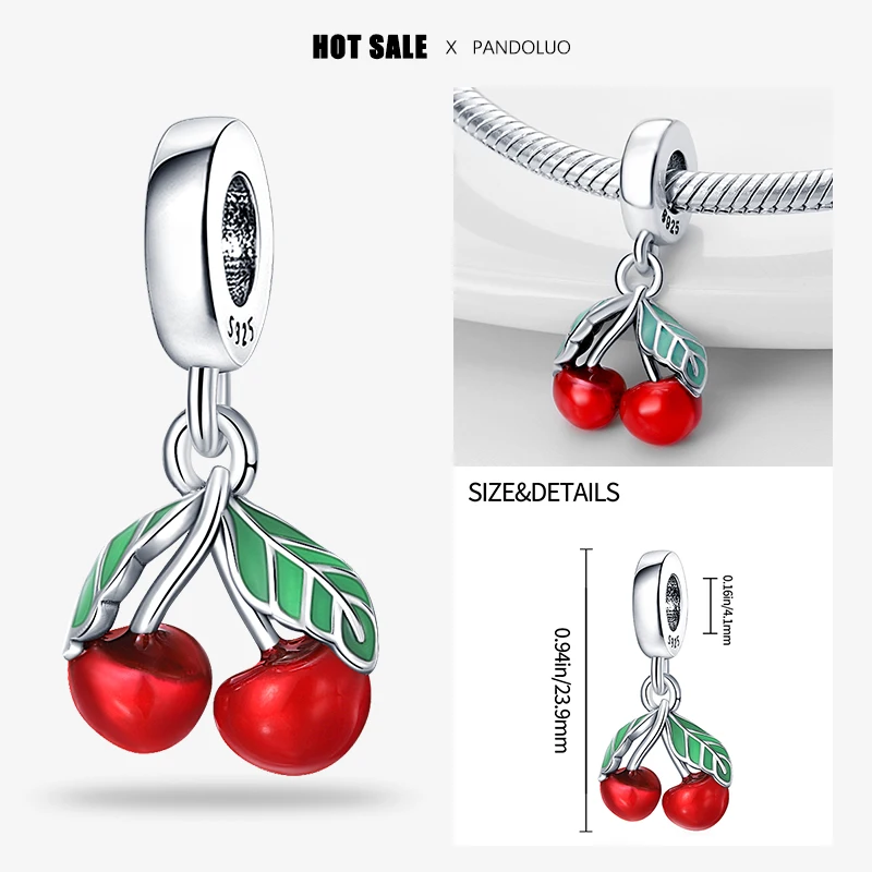 

2024 Hot Sale Fruit Red Cherry Shape Charm Bead Fits Pandora Original Bracelet Women Silver Pendant Beads DIY Fine Jewelry Gift