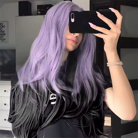Purple Black Natural Body Wave Long Curly Hair Fiber Synthetic Wig Anime Party cosplay