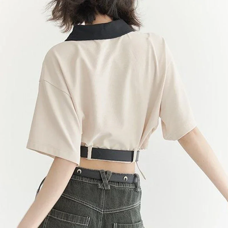 Belt cinched waist collar short T-shirt for female students, summer personalized loose design, zipper semi open collar top