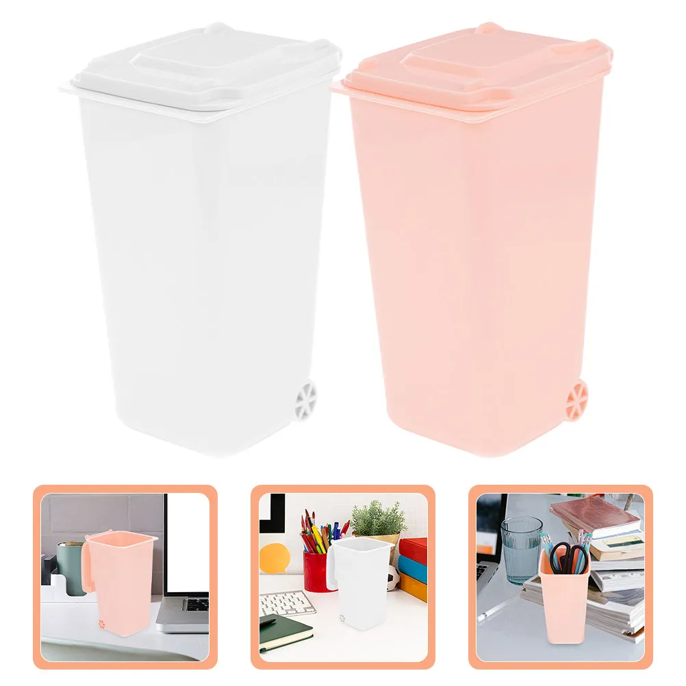 2Pcs Mini Desk Organizer Trash Can Covered Small Desktop Pen Holder Waste Bucket Portable Convenient Home Office