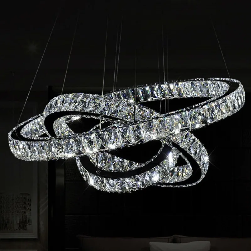 Crystal Chandelier Lighting Ceiling Light Fixture LED Adjustable Stainless Steel 3 Rings Chandeliers D27.56 19.69