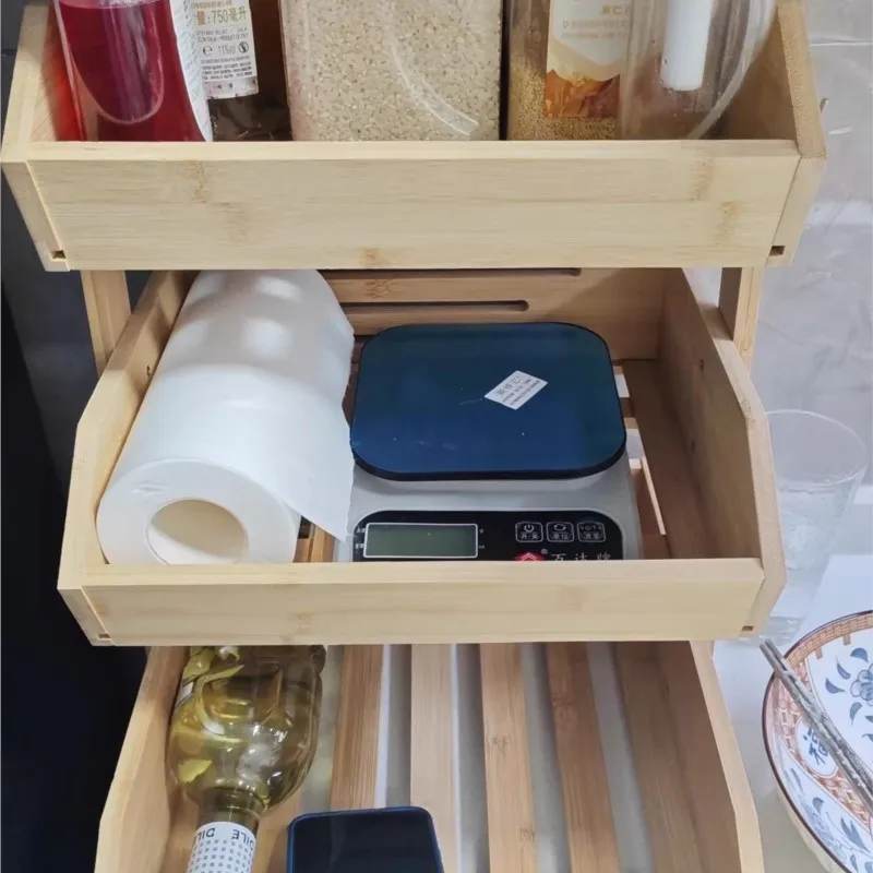 Bamboo And Wood Three-layer Fruit And Vegetable Basket Drainage Double-layer Assembled Fruit Tray Three-layer Kitchen Stands