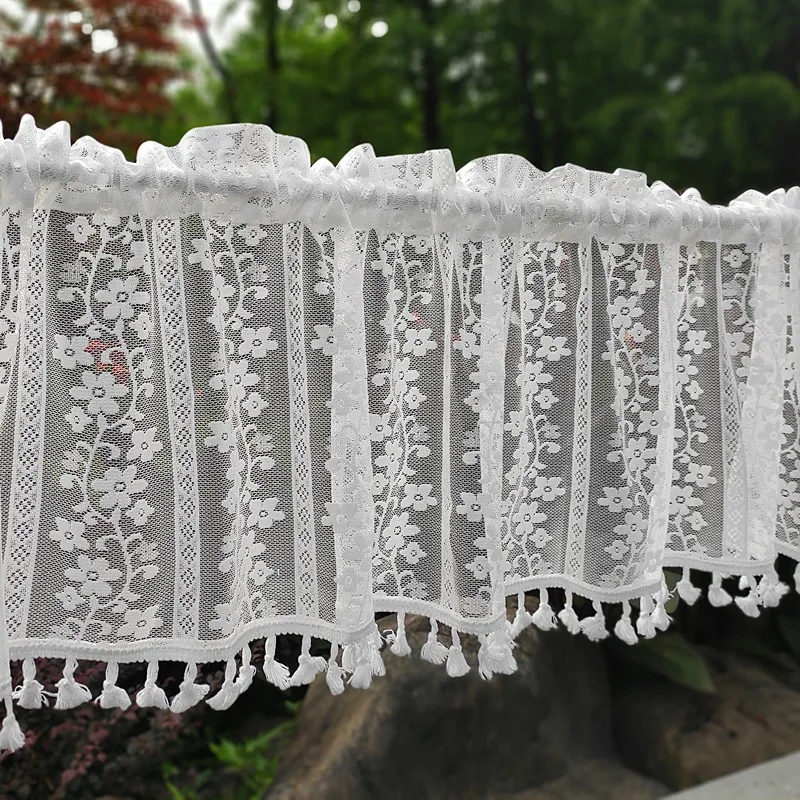 White Sheer Lace Tie Up Curtain Valance for Cabinet Cafe Kitchen Delicate Floral Roman Short Half Bay Voile Home Decor Drapes