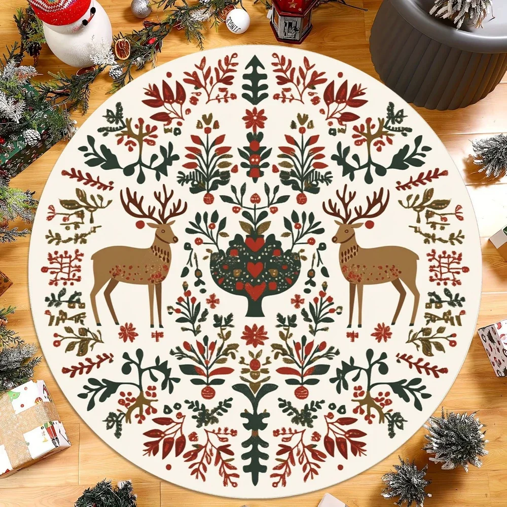~O~Festive Round Rug for Living Room & Bedroom – Soft Non-Slip Holiday Floor Decor with Cheerful Christmas Vibe