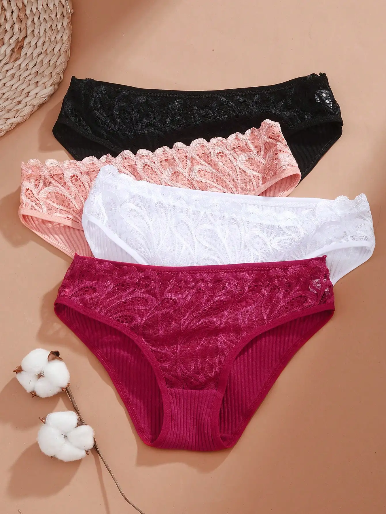 4Pcs/Set Lace Transparent Cotton Splicing Large Panties Lingerie Underwear