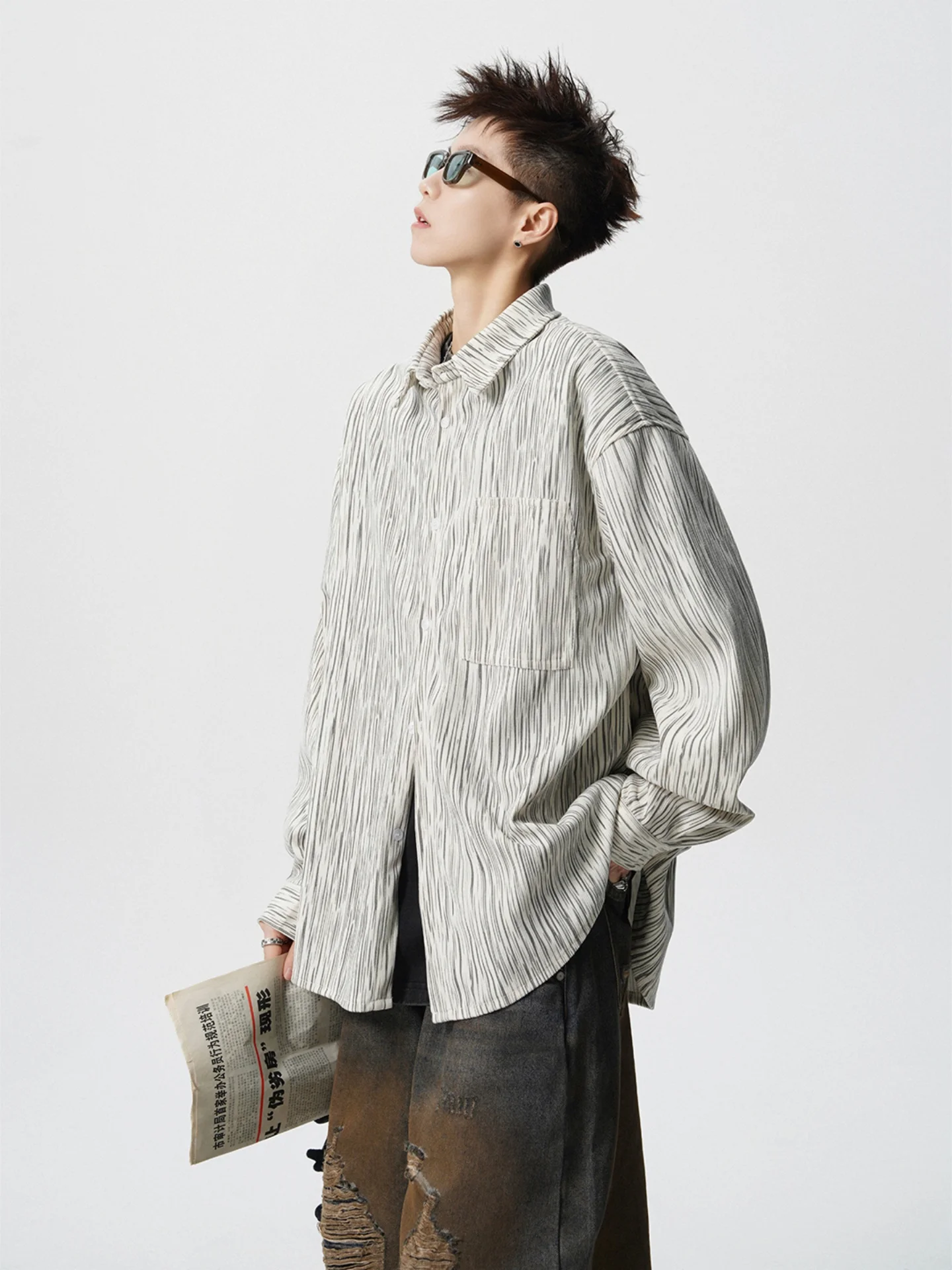 

Винтажная полосатая свободная мужская рубашка с длинным рукавом, модная городская одежда для подростков, износостойкая осенняя верхняя одежда, повседневная рубашка