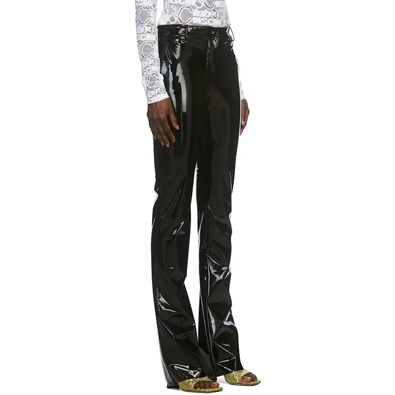 Shiny Patent Leather Trousers Women Sexy Faux Latex Straight-leg Pants Office Lady Slim PU Leather Pants Button Clubwear Custom