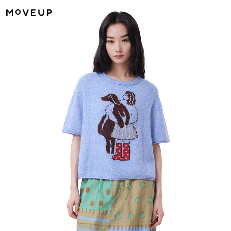 MOVEUP Women’s Short Sleeve Wool Knitwear 2026 Autumn Cartoon Girl Dog Pattern Roll Edge Tops Round Neck Casual Tees 3ELQ31610