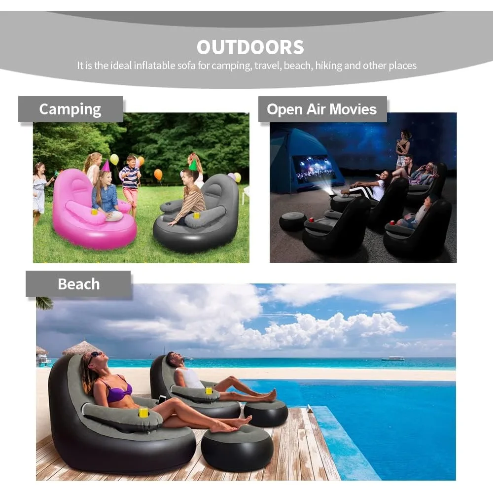 Inflatable Lounge Chair with Ottoman & Cup Holder, Portable Blow Up Sofa, Air Chaise Lounge,Lazy Couch for Camping,Gaming