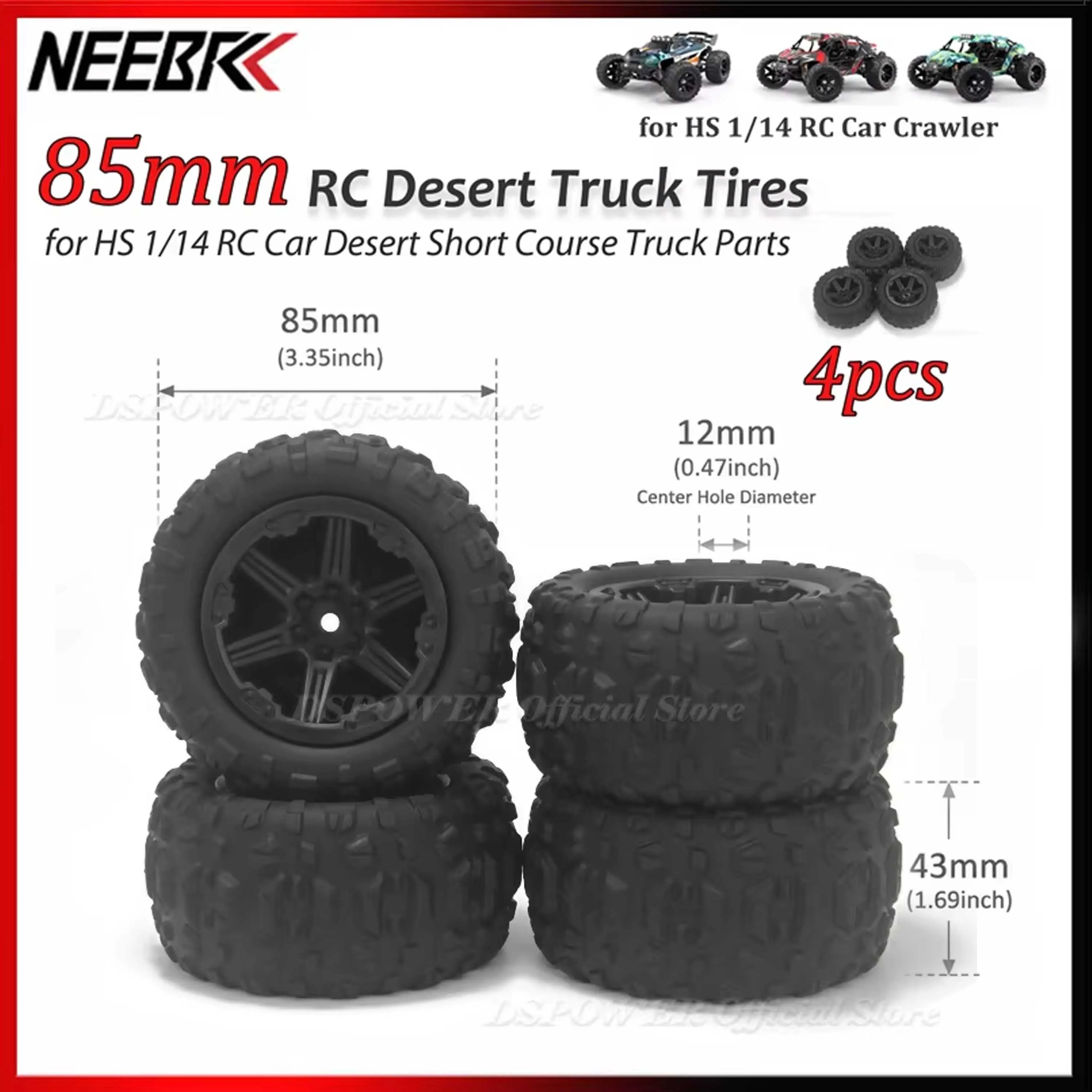 4PCS 85mm RC Desert Tires 12mm Hex Hub Wheels Tyre Skidproof Wear-resistant for HS 1/14 RC Car Short Course Truck Upgrade Parts