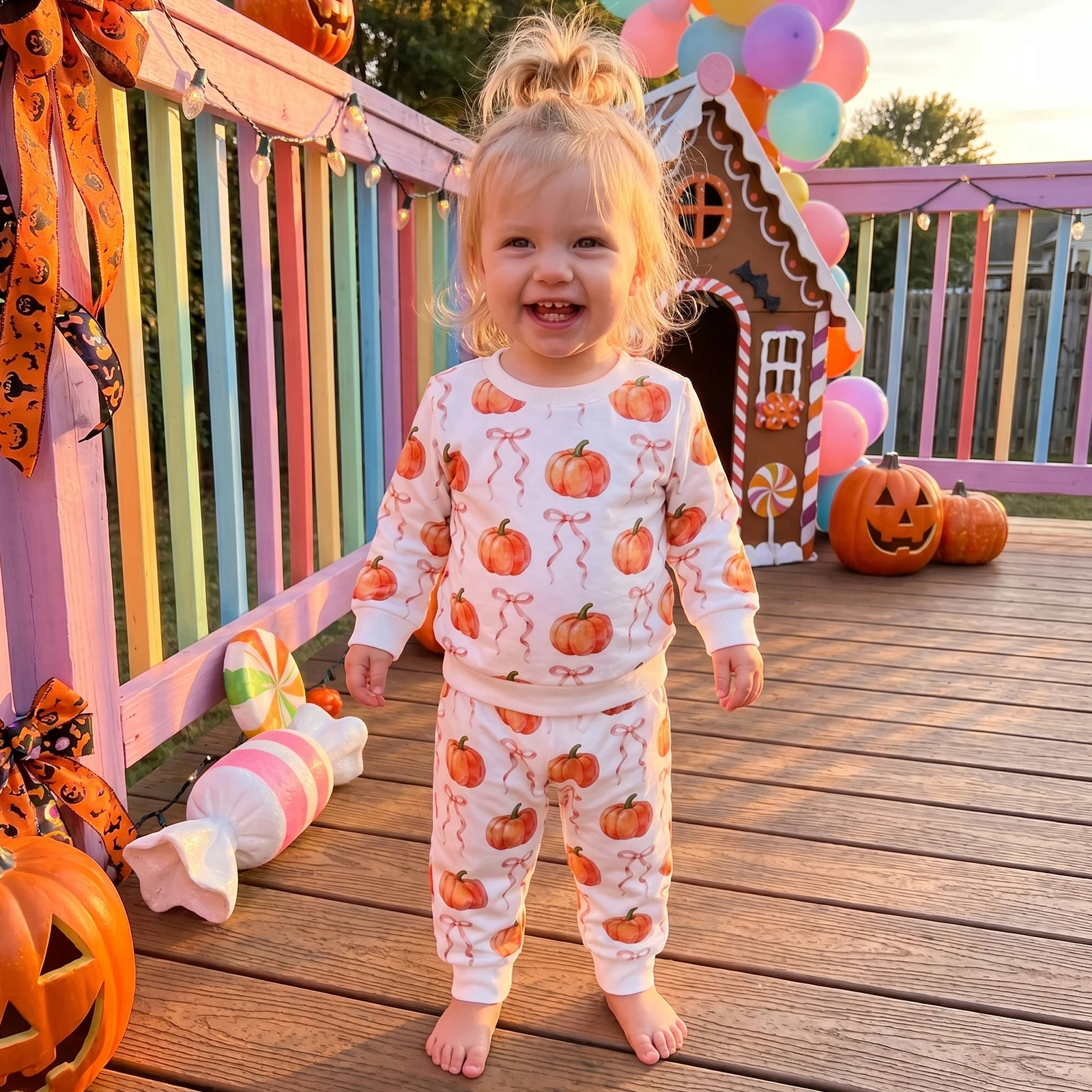 Toddler Baby Girl Halloween Outfit Pumpkin Bow Ghost Print Crew Neck Long Sleeve Sweatshirt and Pants 2 Pcs Set