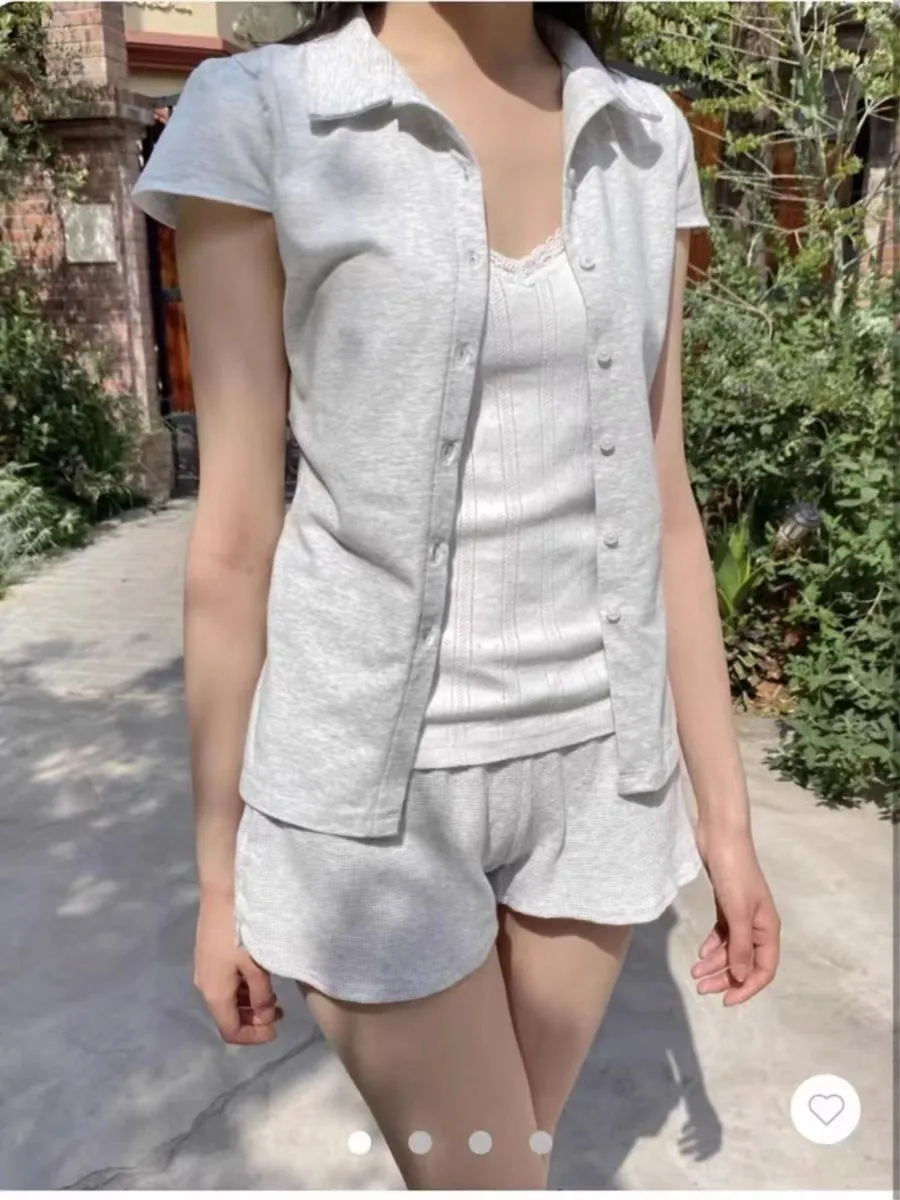 Simples cinza algodão macio manga curta camisetas femininas verão turn down collar estilo preppy topos blusa doce chique all-match camisetas