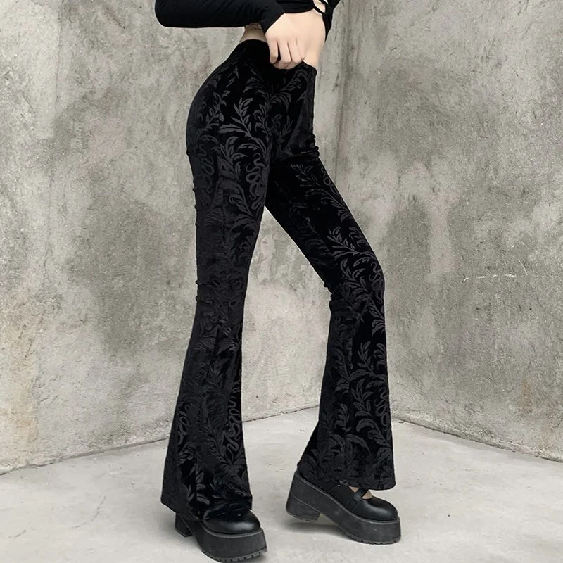 Dark Gothic Style Womens Trousers 2024 Autumn New Fashion Black Trousers Velvet Flared Trousers For Women All-Match Slim