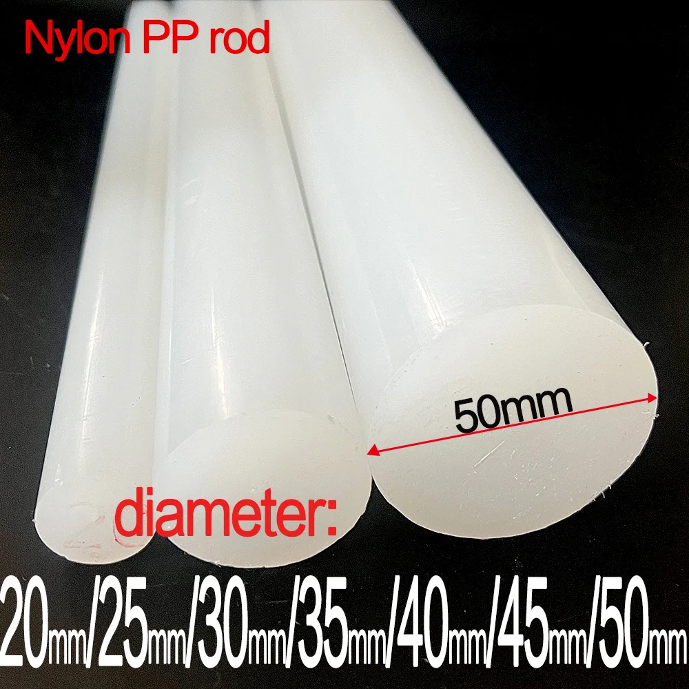 Diámetro de la varilla de nailon PP: 20~50 mm. Longitud: 100~500 mm, material especial para torno, fresadora, mecanizado de precisión CNC.