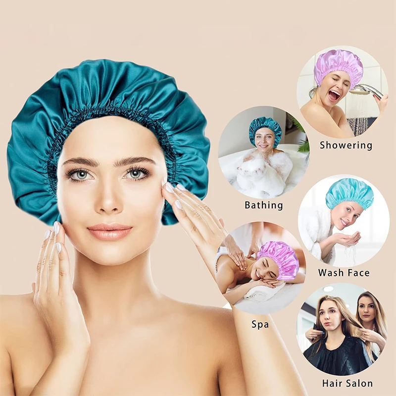 Women Reusable Shower Caps Waterproof  Shower Cap Satin Lined Sleeping Bonnet Bath Hair Cap for All Hairstyles