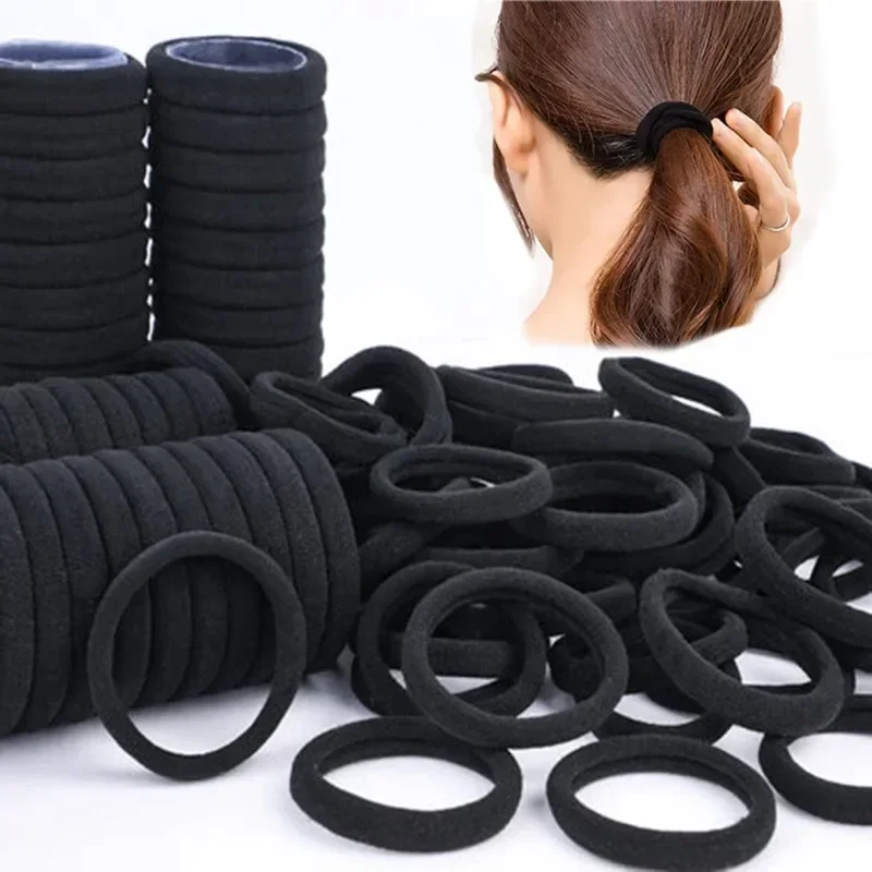 50PCS Cotton Black Elastic Hair Ties For Women Ponytail Seamless Soft Hair Bands Hair Accessories Headdress Diameter 3/4/5/6cm