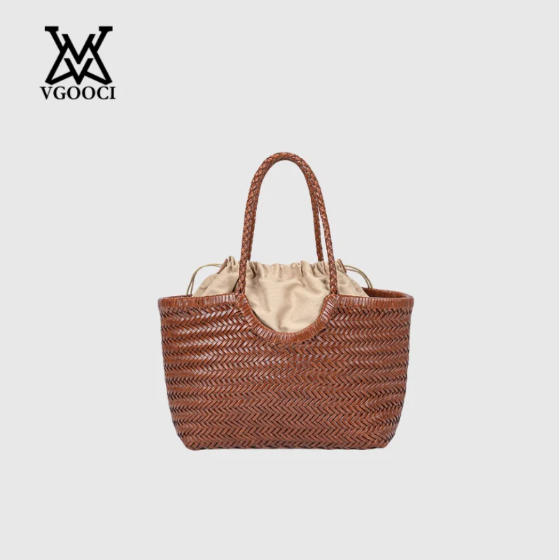 VGOOCI 여성용 빈티지 핸드 니트 디자이너 스플릿 가죽 대형 숄더 백 우아한 핸들 여성 토트 럭셔리 브랜드 핸드백