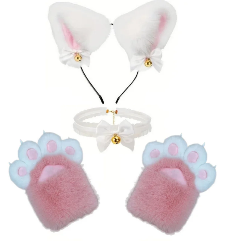 2/4PCS Cat Ears Headwear Fluffy Animal Ears Headband,Lace Choker and Gloves Set for Halloween Party Cosplay Accessories
