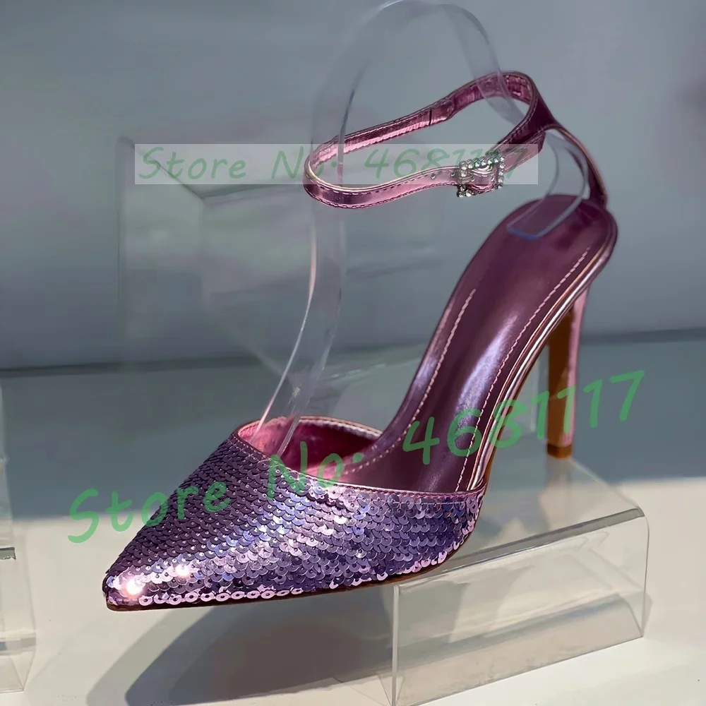 Lilac Sequin Pointed Toe Summer Sandals Women Luxury Shiny High Heels Banquet Sandals Ladies Sexy Gold Stiletto Big Size Sandals