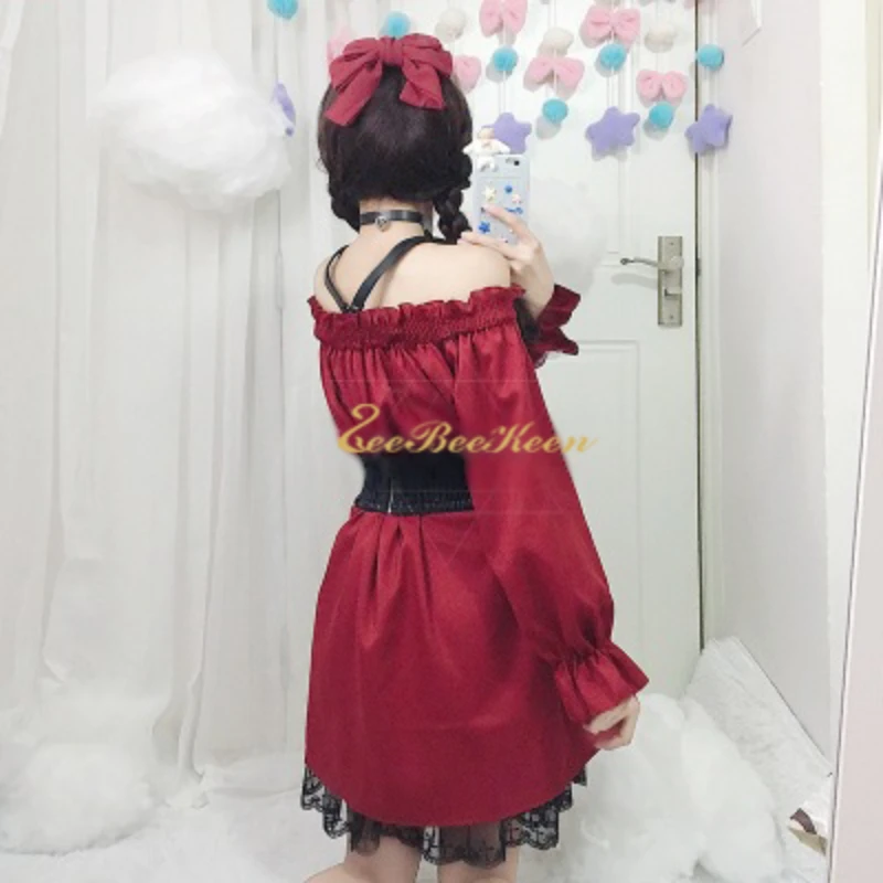 Robe Lolita gothique sexy à épaules dénudées pour filles, Anime Maid Cosplay, GelFemale Sweet Wine, Vêtements de fête rouges pour adultes